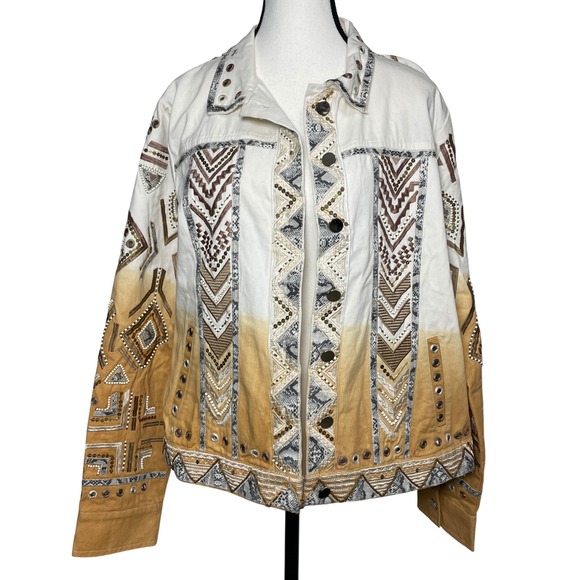 Boston Proper Jackets & Blazers - Boston Proper Embellished Jacket Western Aztec Sequin Beaded Boho Chic Denim‎ XL